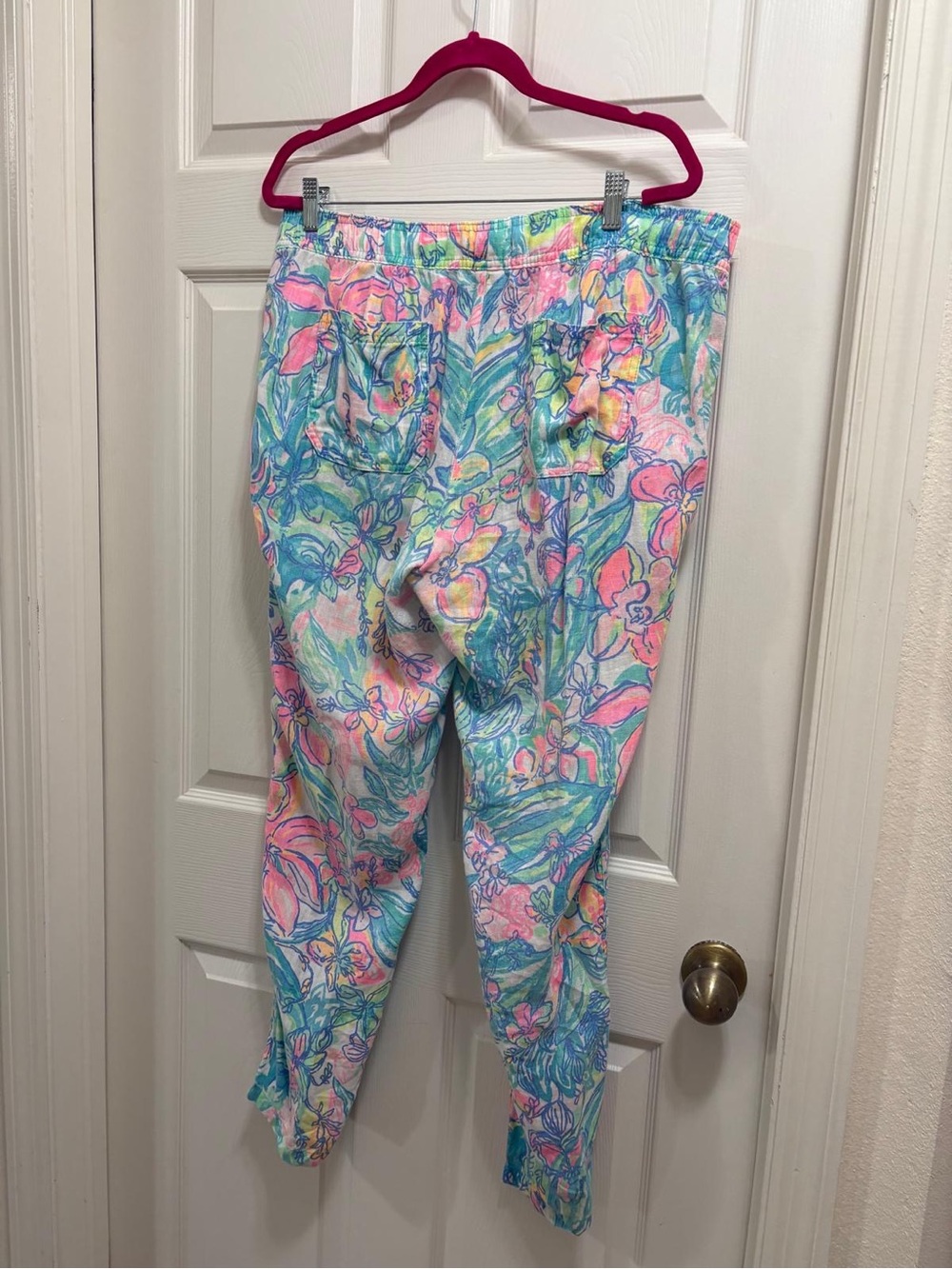 Lilly Pulitzer Linen Drawstring Beach Pants XL Tropical Floral Resort Pull-on - Picture 4 of 9